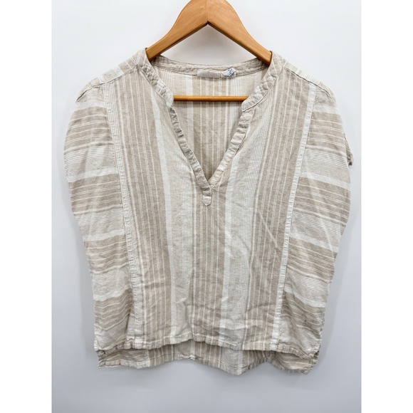 Sigrid Olsen Tops - Sigrid Olsen Sz L Linen Blend Top Short Sleeve Tunic Striped Khaki Beach Coastal